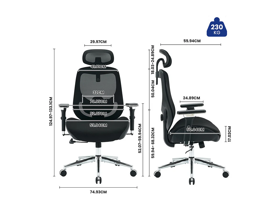 Ergonomischer Bürostuhl - Stoff - Belastung 230kg - Neigbar drehbar - Armlehnen Kopfstütze verstellbare Lendenunterstützung