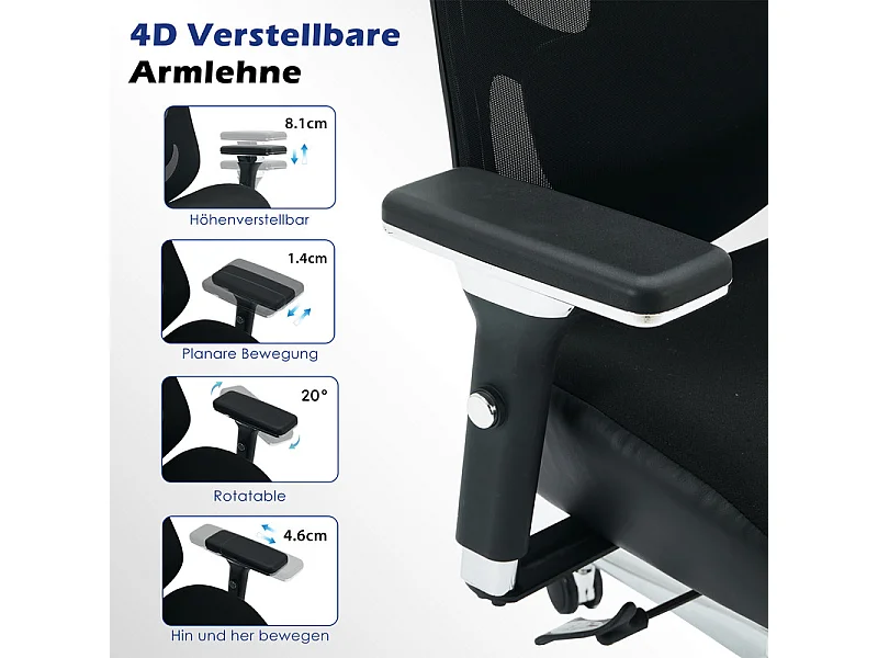 Ergonomischer Bürostuhl - Stoff - Belastung 230kg - Neigbar drehbar - Armlehnen Kopfstütze verstellbare Lendenunterstützung
