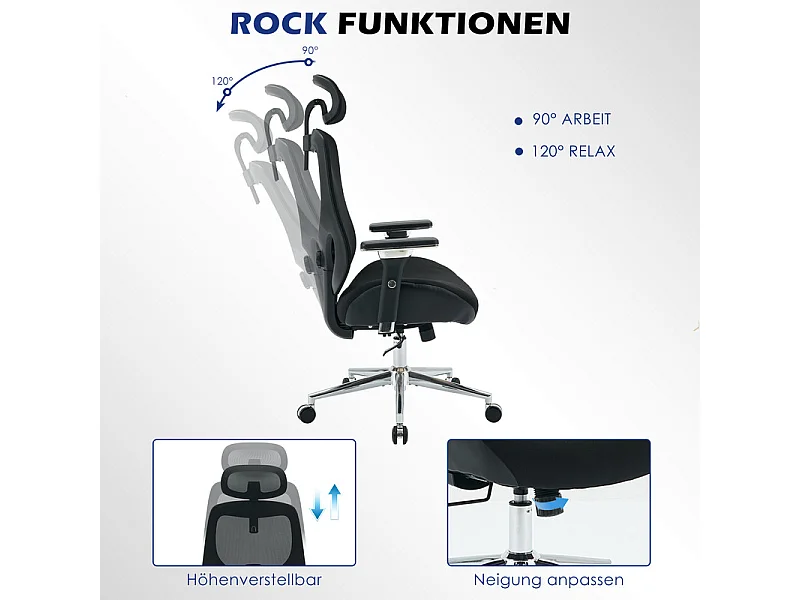 Ergonomischer Bürostuhl - Stoff - Belastung 230kg - Neigbar drehbar - Armlehnen Kopfstütze verstellbare Lendenunterstützung