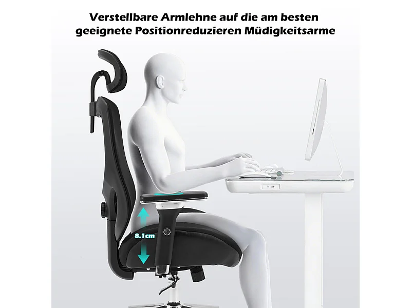 Ergonomischer Bürostuhl - Stoff - Belastung 230kg - Neigbar drehbar - Armlehnen Kopfstütze verstellbare Lendenunterstützung