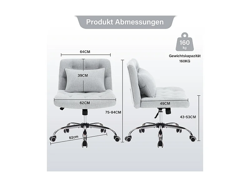 Sedia da ufficio girevole - con cuscino lombare e 5 ruote - carico 160 kg - altezza regolabile - Grigio