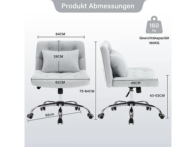 Chaise de bureau pivotant - avec coussin lombaire et 5 roulettes - charge 160 kg - hauteur réglable - Gris
