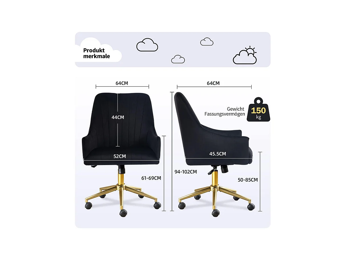 Chaise de bureau pivotante en velours - avec 5 roulettes - hauteur réglable - charge 150kg - Noir