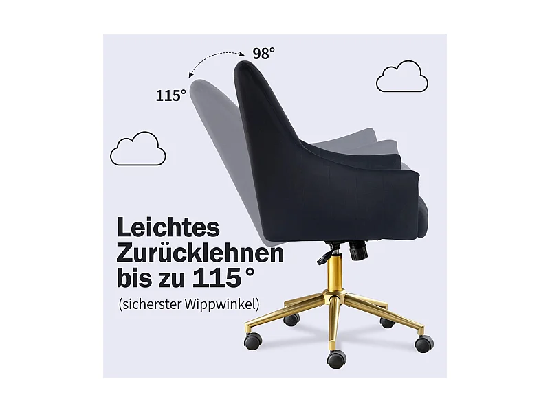 Chaise de bureau pivotante en velours - avec 5 roulettes - hauteur réglable - charge 150kg - Noir
