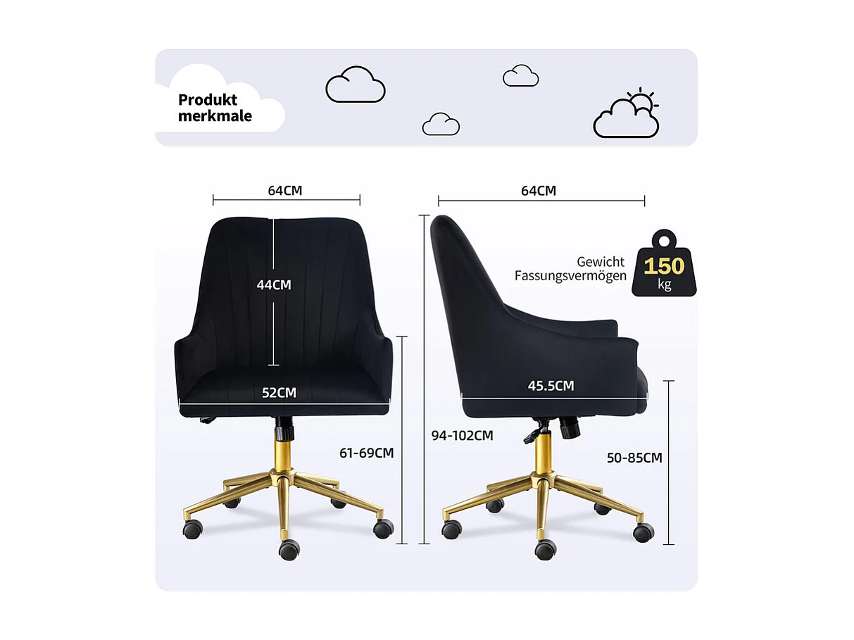 Chaise de bureau pivotante en velours - avec 5 roulettes - hauteur réglable - charge 150kg - Noir