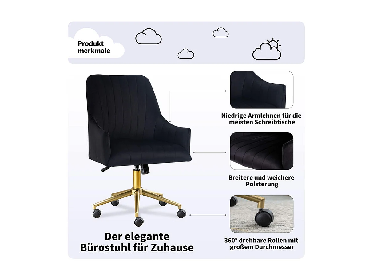 Chaise de bureau pivotante en velours - avec 5 roulettes - hauteur réglable - charge 150kg - Noir
