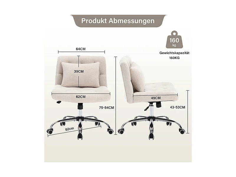 Draaibare bureaustoel - met lendenkussen en 5 wielen - belasting 160 kg - hoogte verstelbaar - Beige