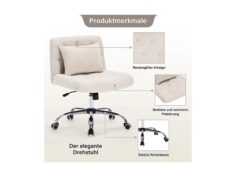 Draaibare bureaustoel - met lendenkussen en 5 wielen - belasting 160 kg - hoogte verstelbaar - Beige