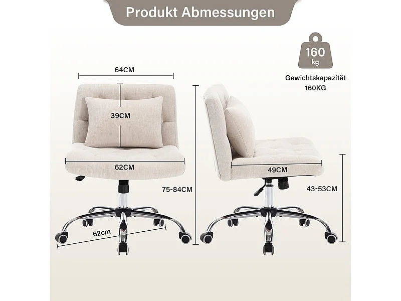 Chaise de bureau pivotant - avec coussin lombaire et 5 roulettes - charge 160 kg - hauteur réglable - Beige