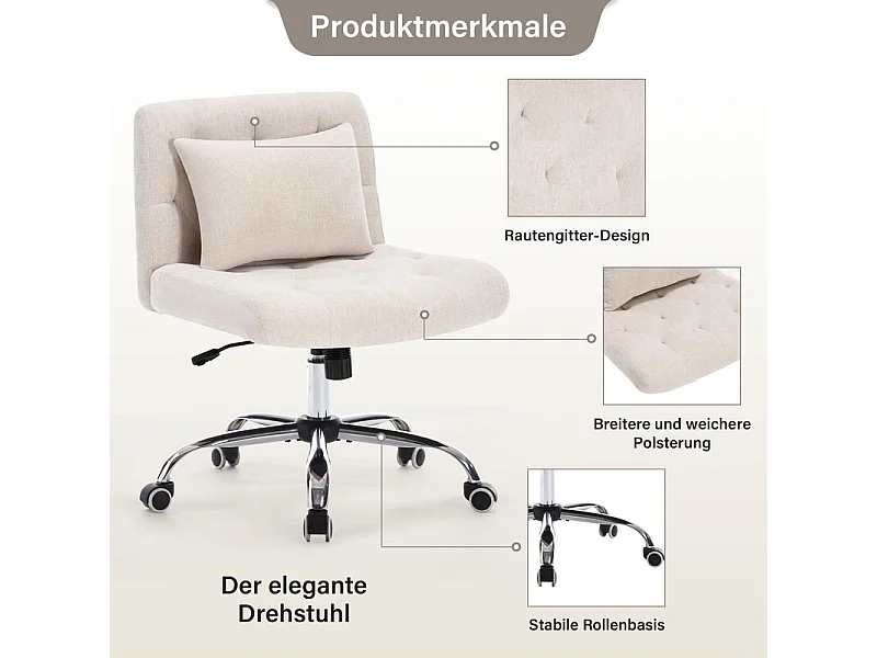 Chaise de bureau pivotant - avec coussin lombaire et 5 roulettes - charge 160 kg - hauteur réglable - Beige