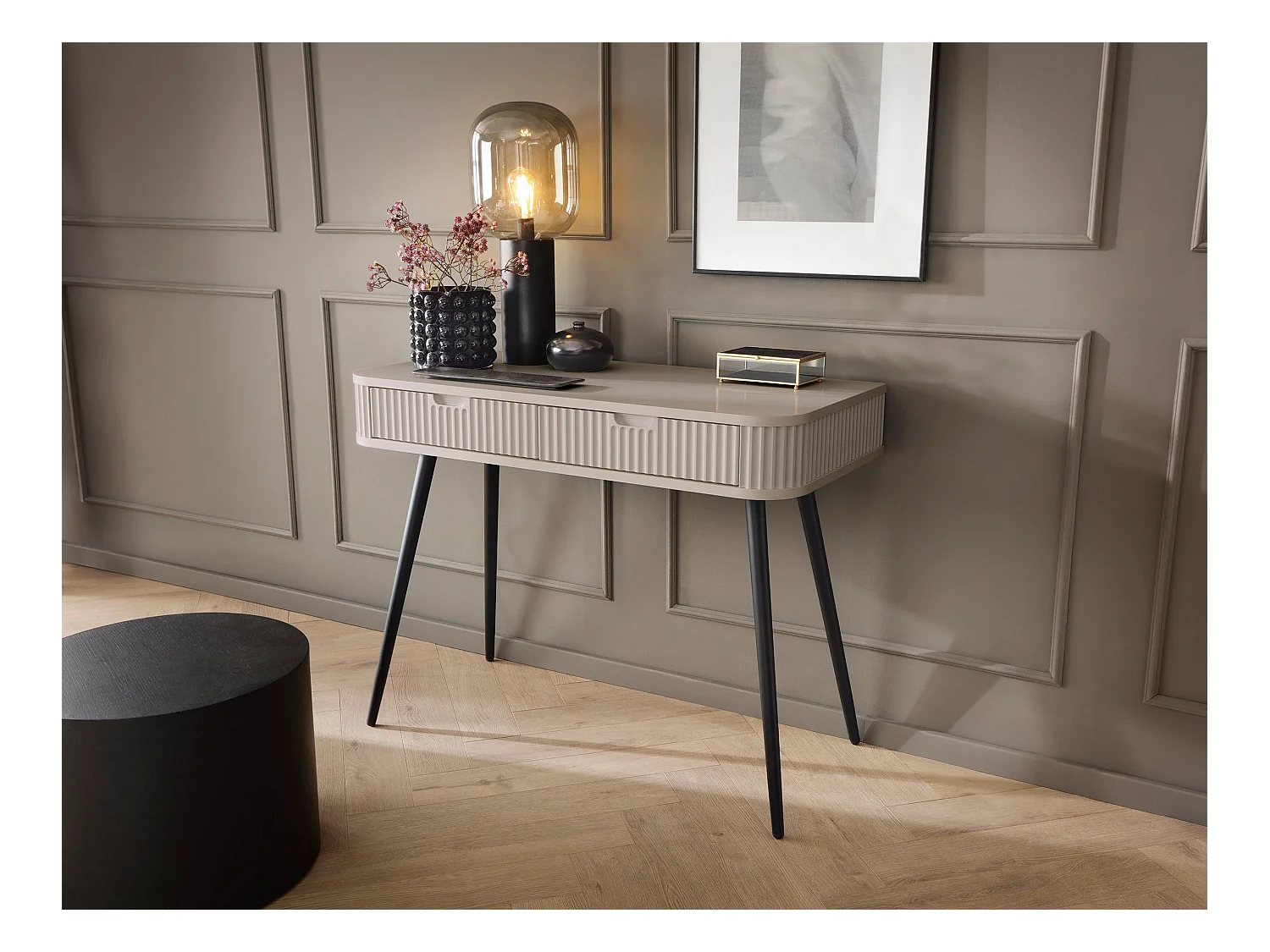 Console avec 2 tiroirs et pieds noirs mats, 103x80 cm