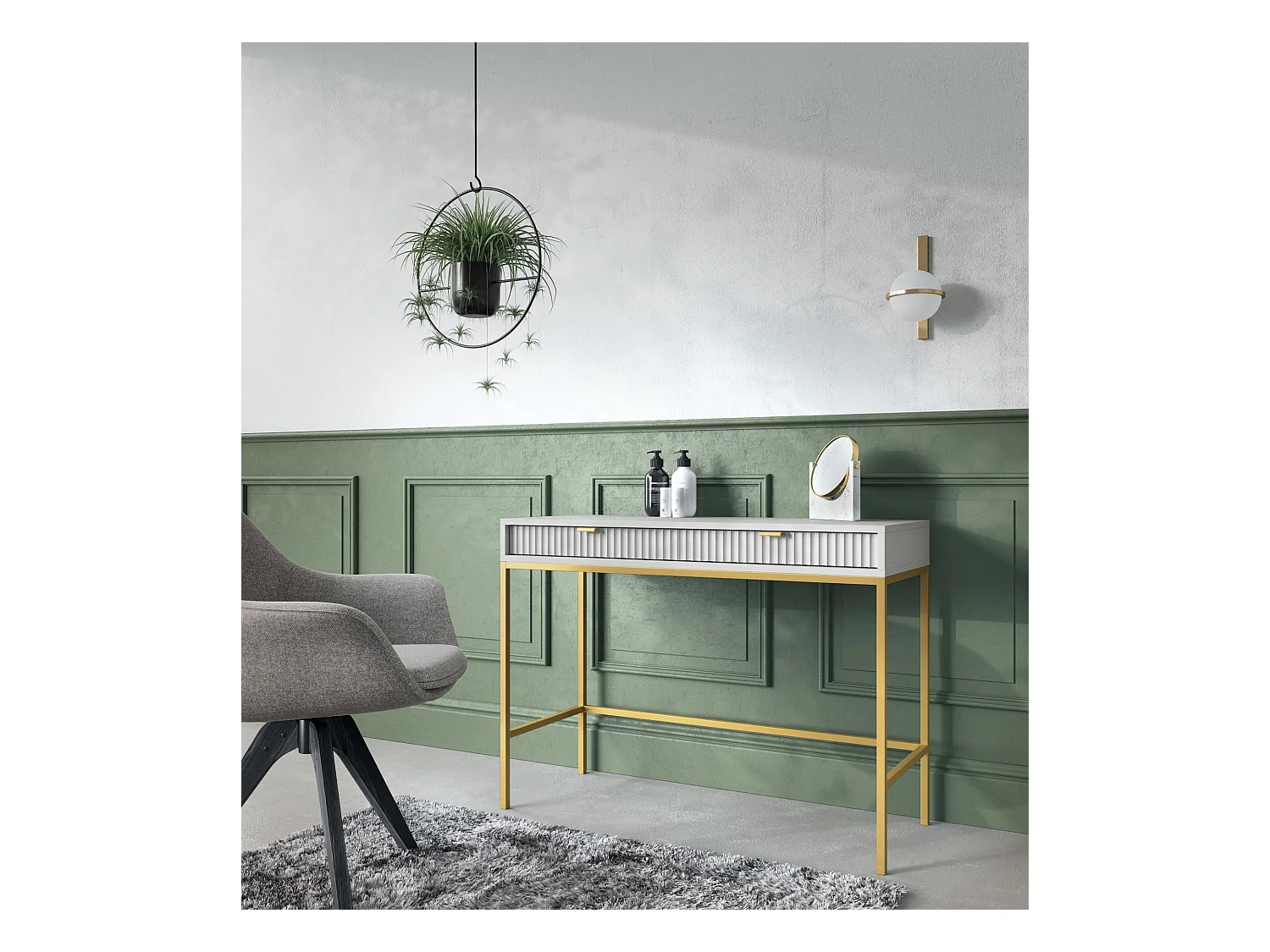 Konsolentisch mit 2 Schubladen und goldenen Metallfüßen 104x78 cm