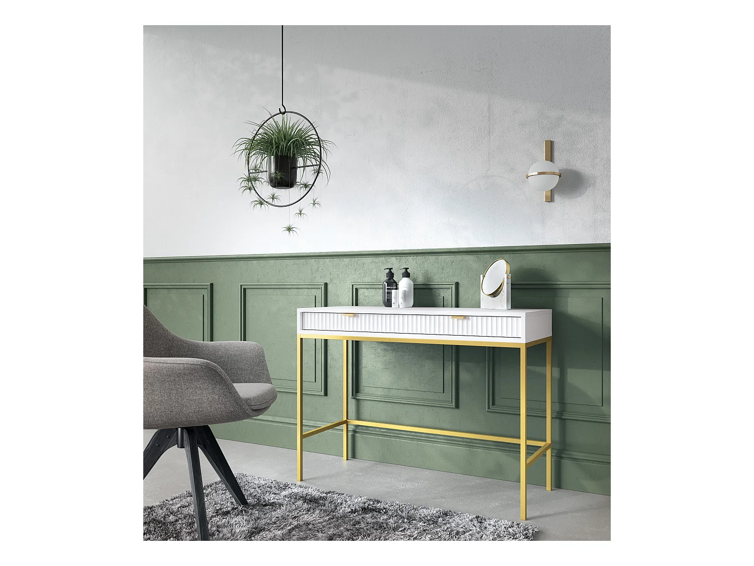 Console 2 tiroirs avec pieds en métal doré 104x78 cm