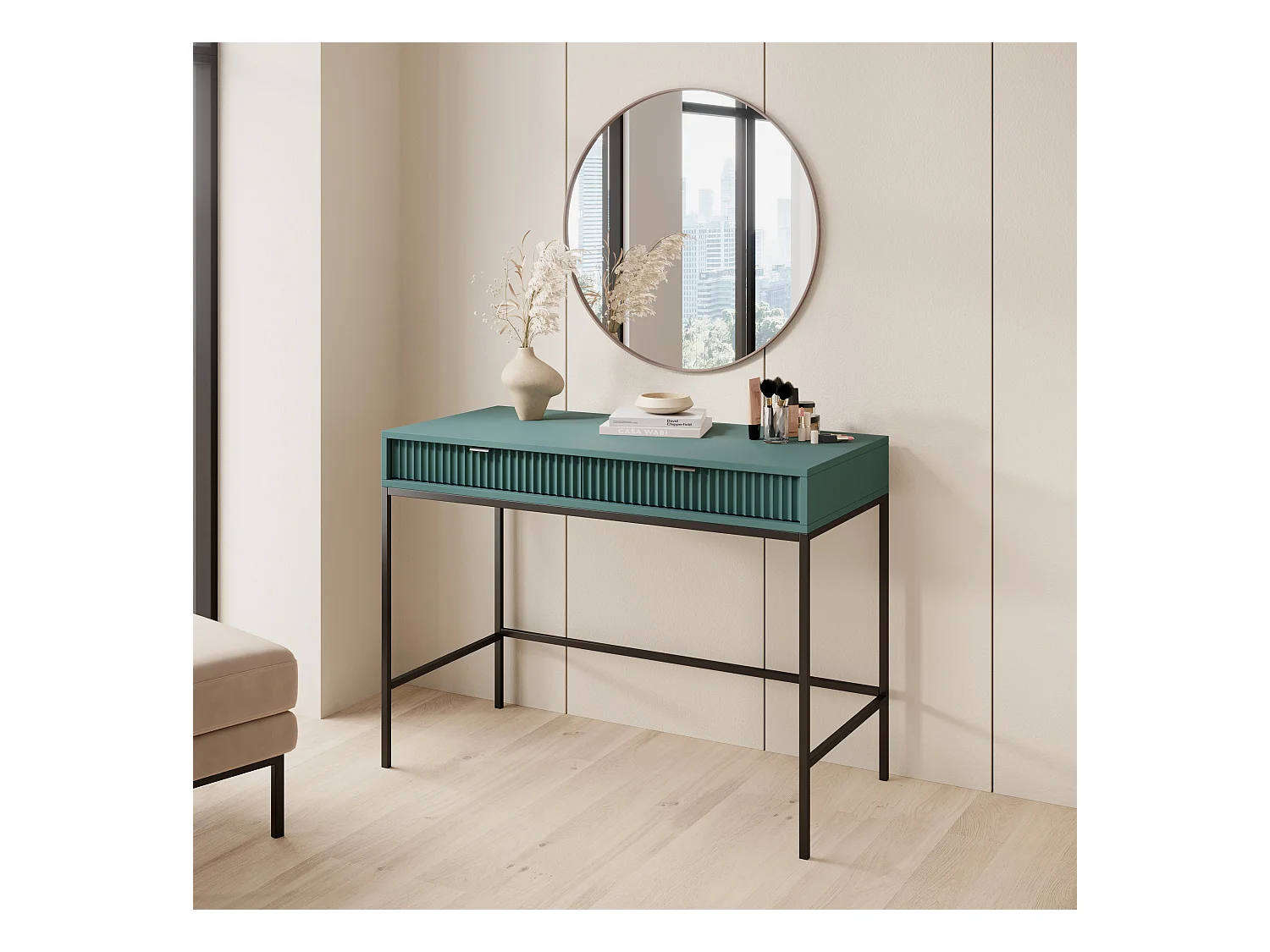 Konsolentisch mit 2 Schubladen und schwarzen Metallfüßen 104x78 cm