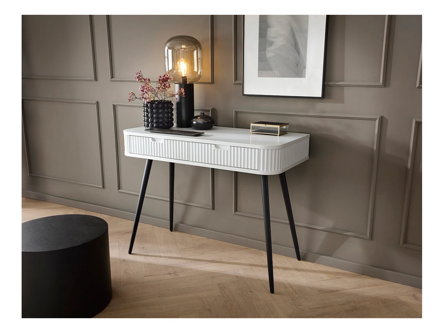 Console avec 2 tiroirs et pieds noirs mats, 103x80 cm