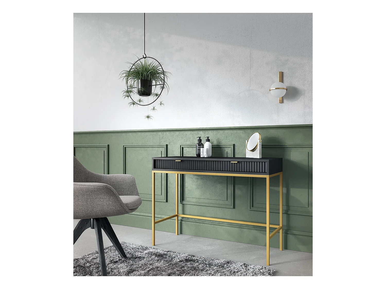 Konsolentisch mit 2 Schubladen und goldenen Metallfüßen 104x78 cm