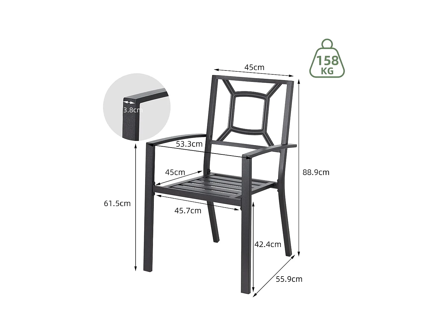 Lot de 2 Chaises de Jardin Empilables - Chaises à Manger en Métal - 46 x 56 x 89 cm - Noir