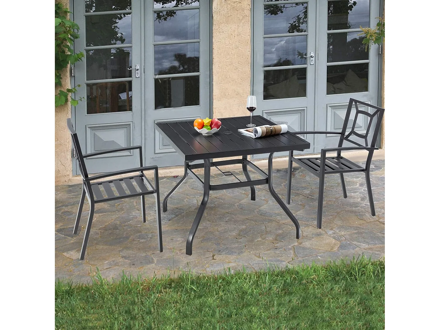 Set aus 2 Stapelbaren Gartenstühlen - Esszimmerstühle aus Metall - 46 x 56 x 89 cm - Schwarz