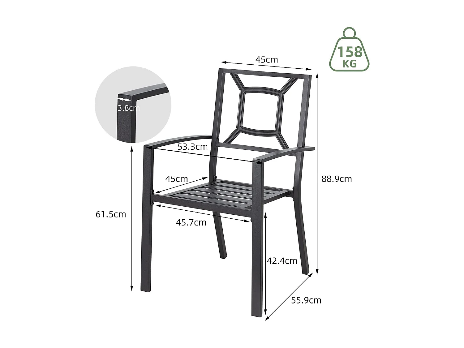 Set aus 2 Stapelbaren Gartenstühlen - Esszimmerstühle aus Metall - 46 x 56 x 89 cm - Schwarz