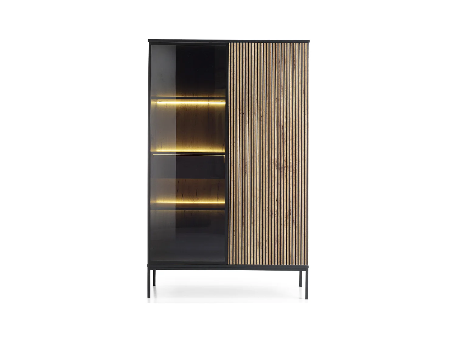 Vitrine mit 2 Türen und integrierter LED Schwarz und Eiche 104x166 cm