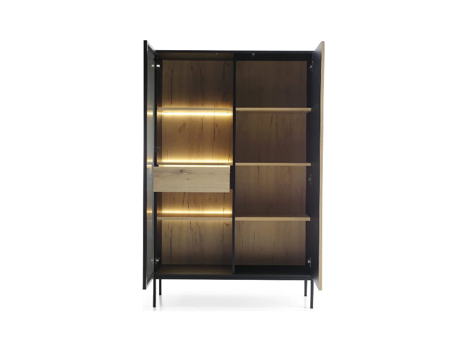 Vitrine mit 2 Türen und integrierter LED Schwarz und Eiche 104x166 cm