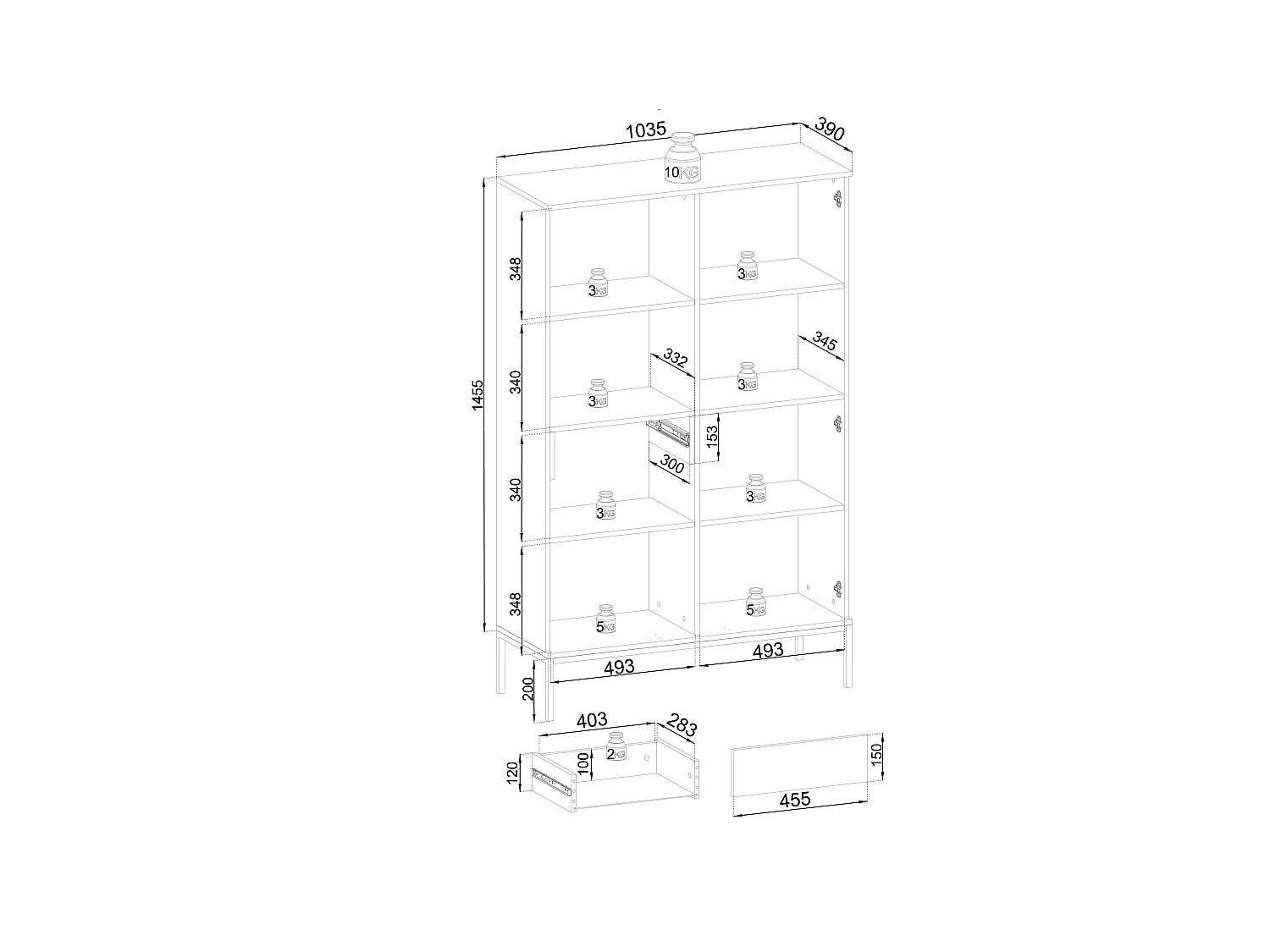 Vitrine mit 2 Türen und integrierter LED Schwarz und Eiche 104x166 cm
