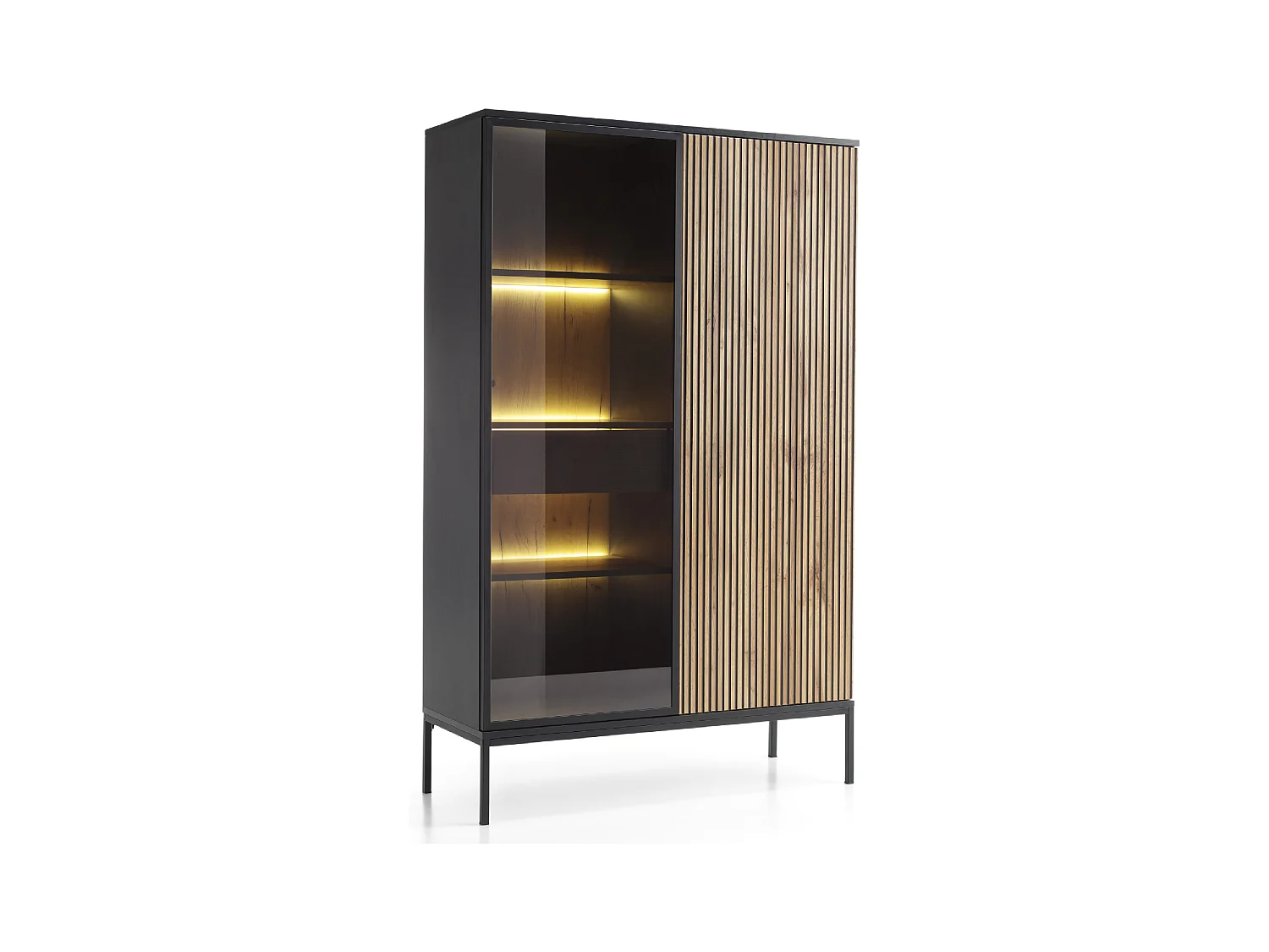 Vitrine 2 portes avec LED intégrée Noir et Chêne 104x166 cm