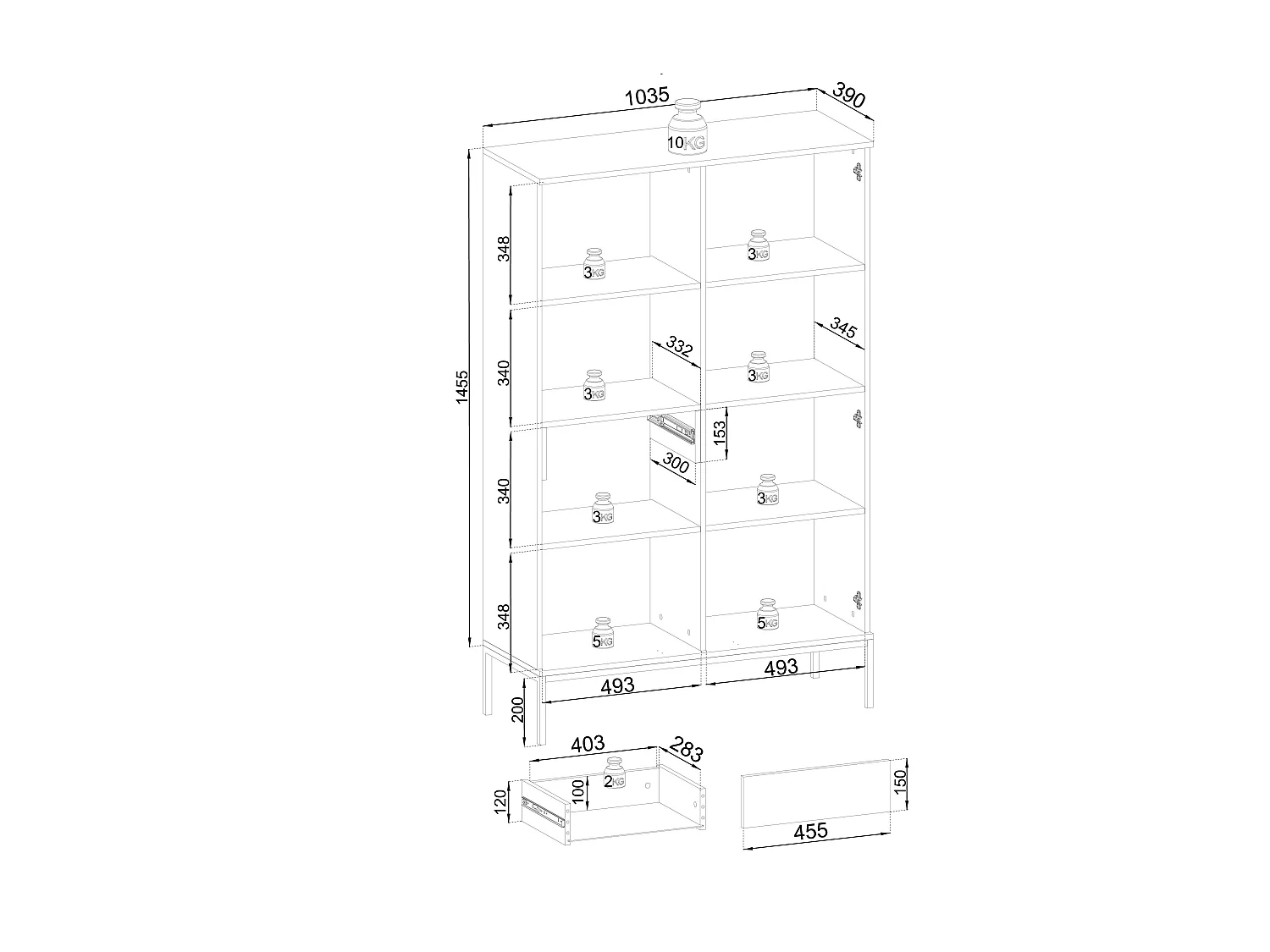 Vitrine mit 2 Türen und integrierter LED Schwarz und Eiche 104x166 cm