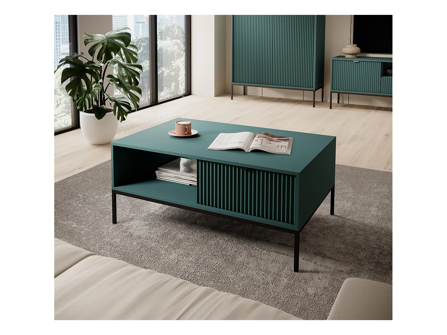 Couchtisch aus laminiertem Holz mit schwarzen Metallbeinen 104x68 cm