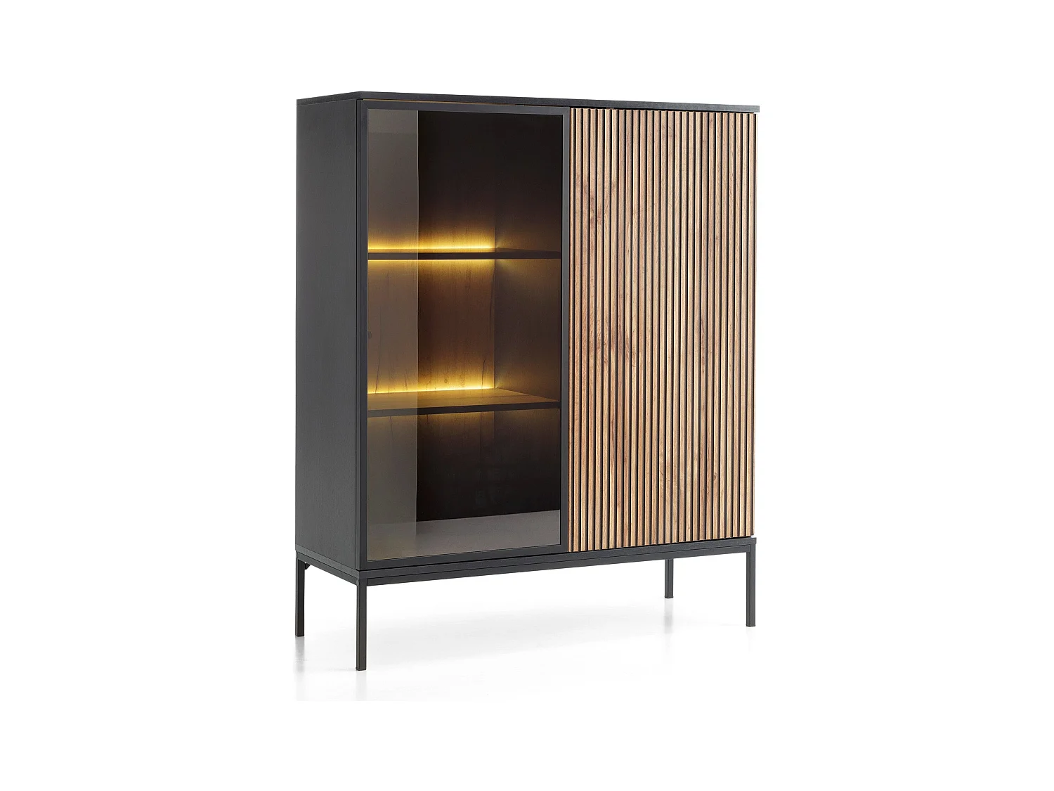Vitrine mit 2 Türen und integrierter LED Schwarz und Eiche 104x126 cm