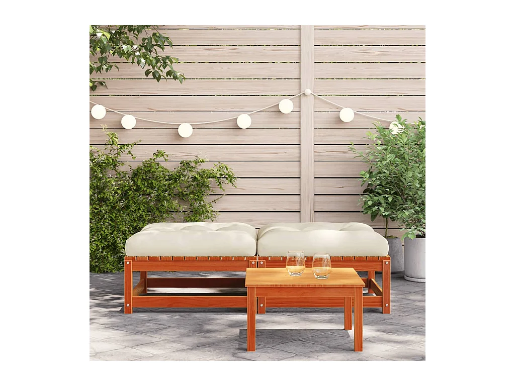 Garden Furniture -  Reposapiés jardín cojines 2 uds madera maciza pino marrón cera