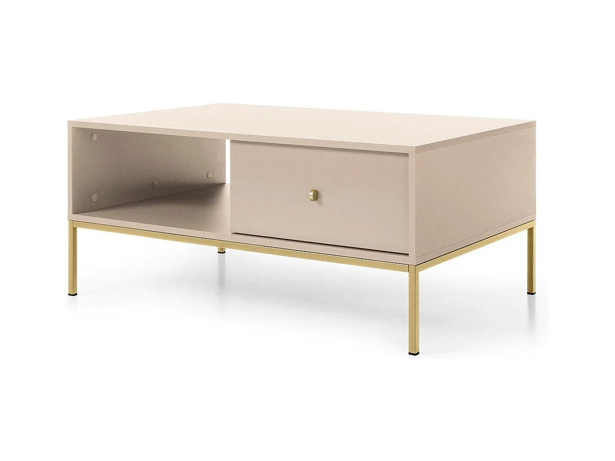 Mesa de centro con 1 cajón y patas de metal dorado 104x68 cm