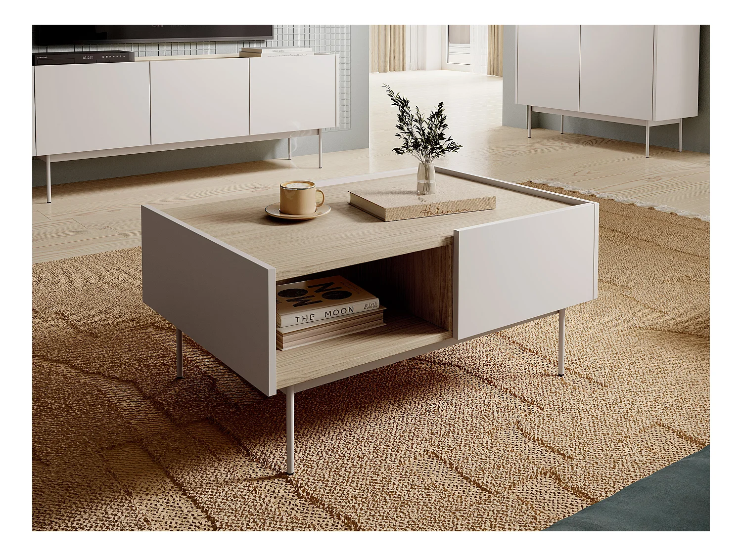 Niedriger Tisch mit 2 Schubladen aus Schichtholz, 97x45 cm