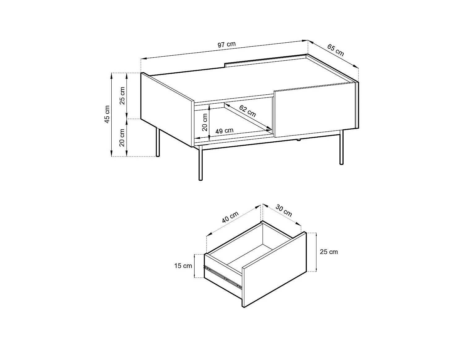 Niedriger Tisch mit 2 Schubladen aus Schichtholz, 97x45 cm