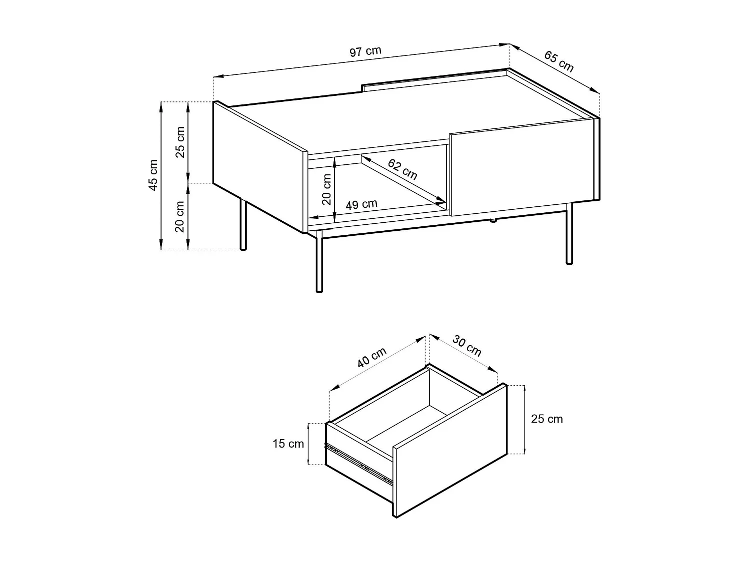 Table basse à 2 tiroirs en bois lamellé, 97x45 cm