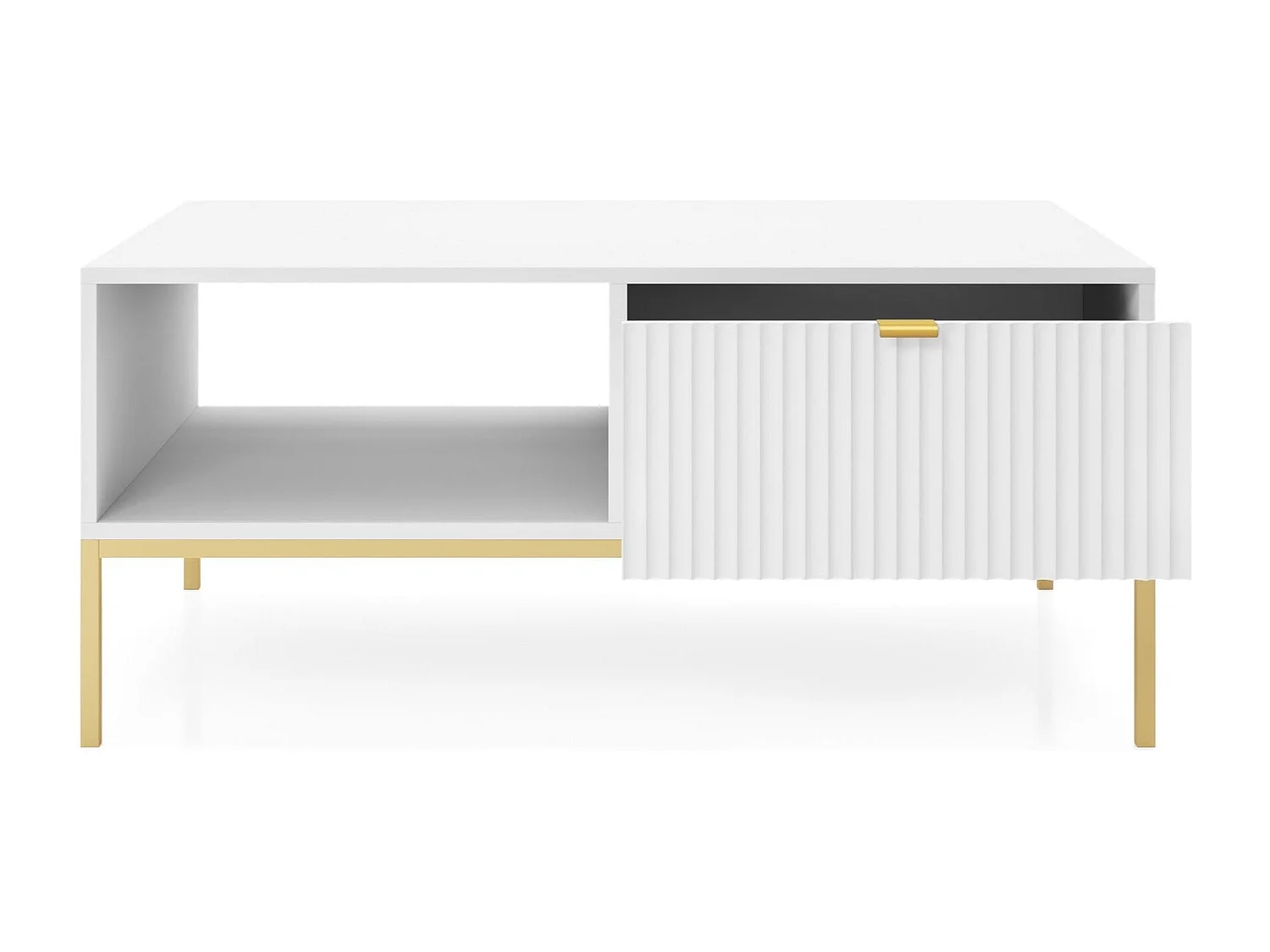 Table basse en bois lamellé-collé avec pieds en métal doré 104x68 cm