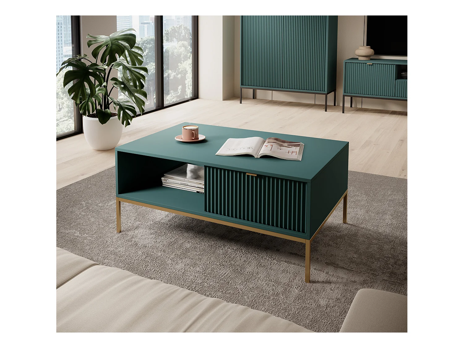 Table basse en bois lamellé-collé avec pieds en métal doré 104x68 cm