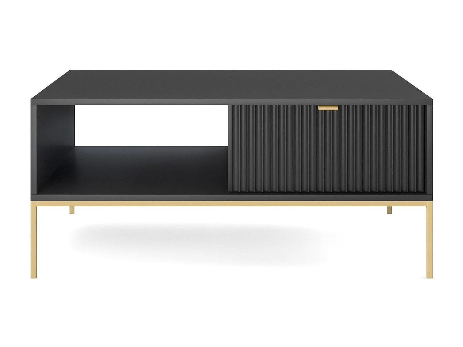 Table basse en bois lamellé-collé avec pieds en métal doré 104x68 cm