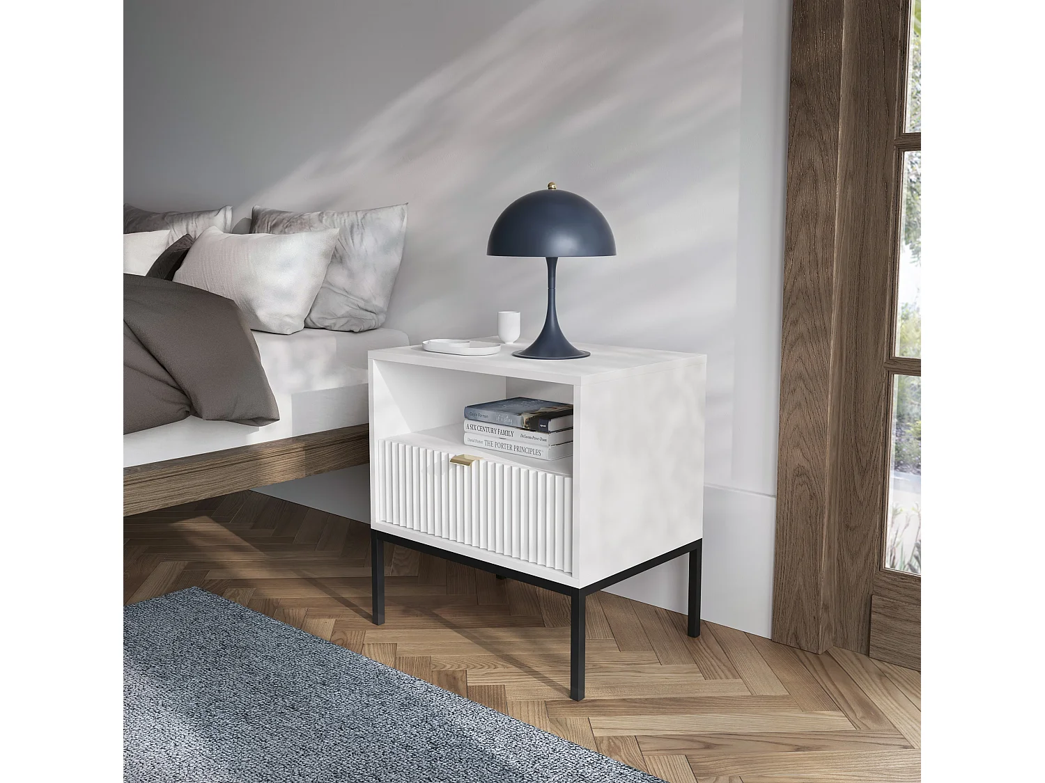 Chevet tafel 1 lade met metalen pieds zwart 54x56 cm