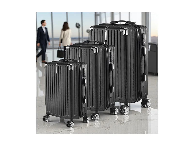Conjunto de Mala de Viagem ABS - 3 Peças, Com Fecho de Código e Rodas 360° - Preto