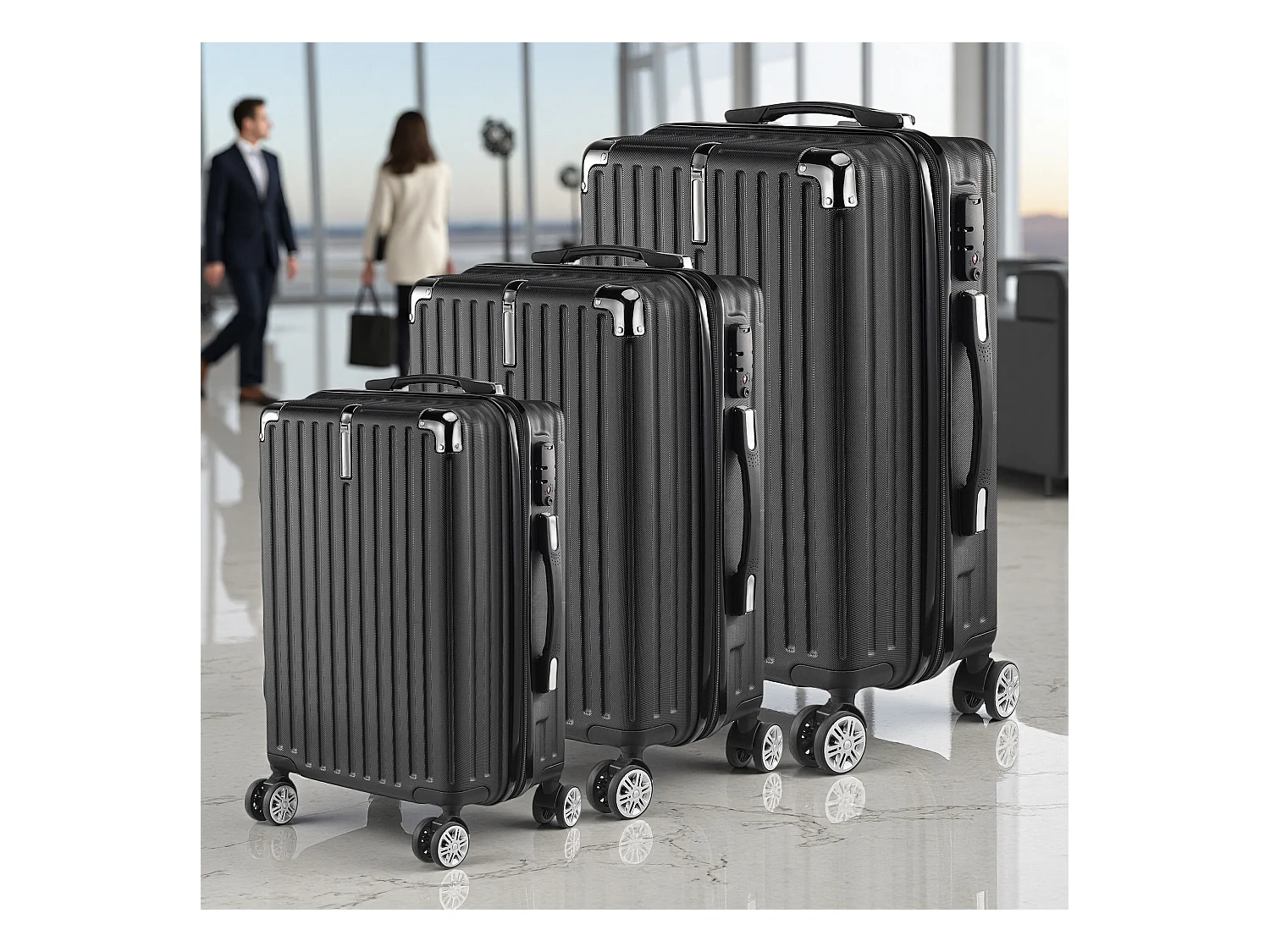 Conjunto de Mala de Viagem ABS - 3 Peças, Com Fecho de Código e Rodas 360° - Preto