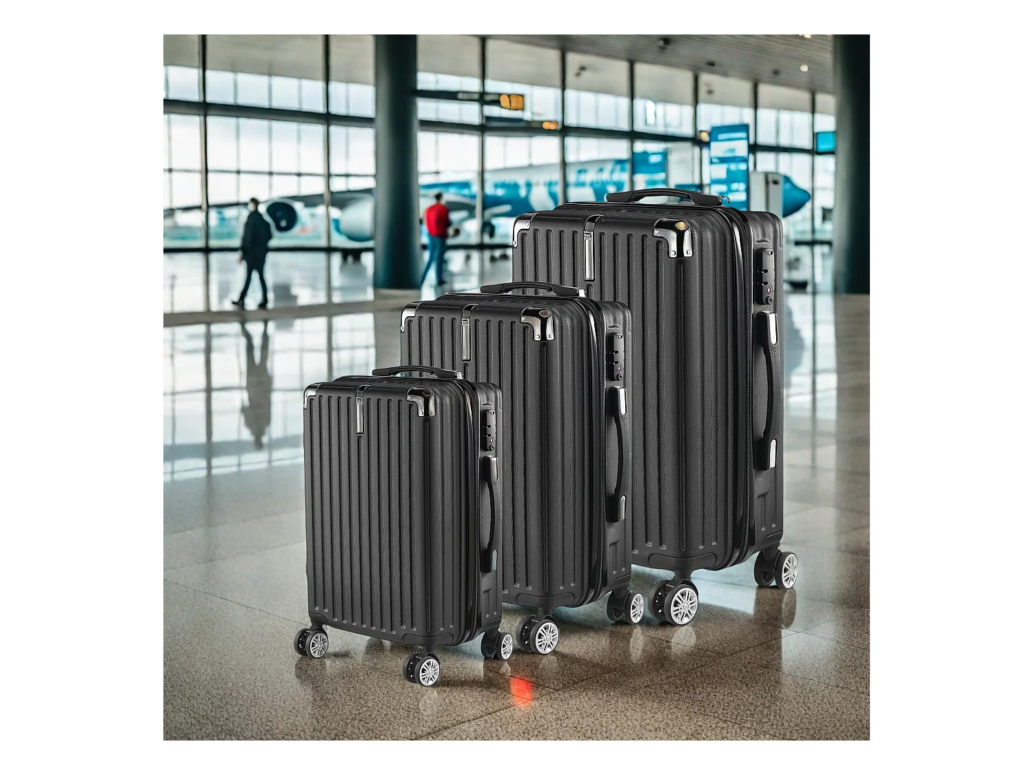 Conjunto de Mala de Viagem ABS - 3 Peças, Com Fecho de Código e Rodas 360° - Preto