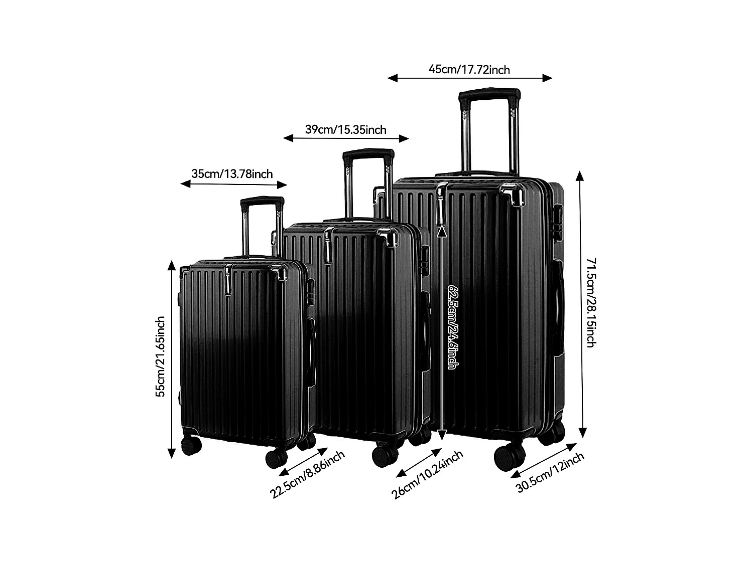 Conjunto de Mala de Viagem ABS - 3 Peças, Com Fecho de Código e Rodas 360° - Preto