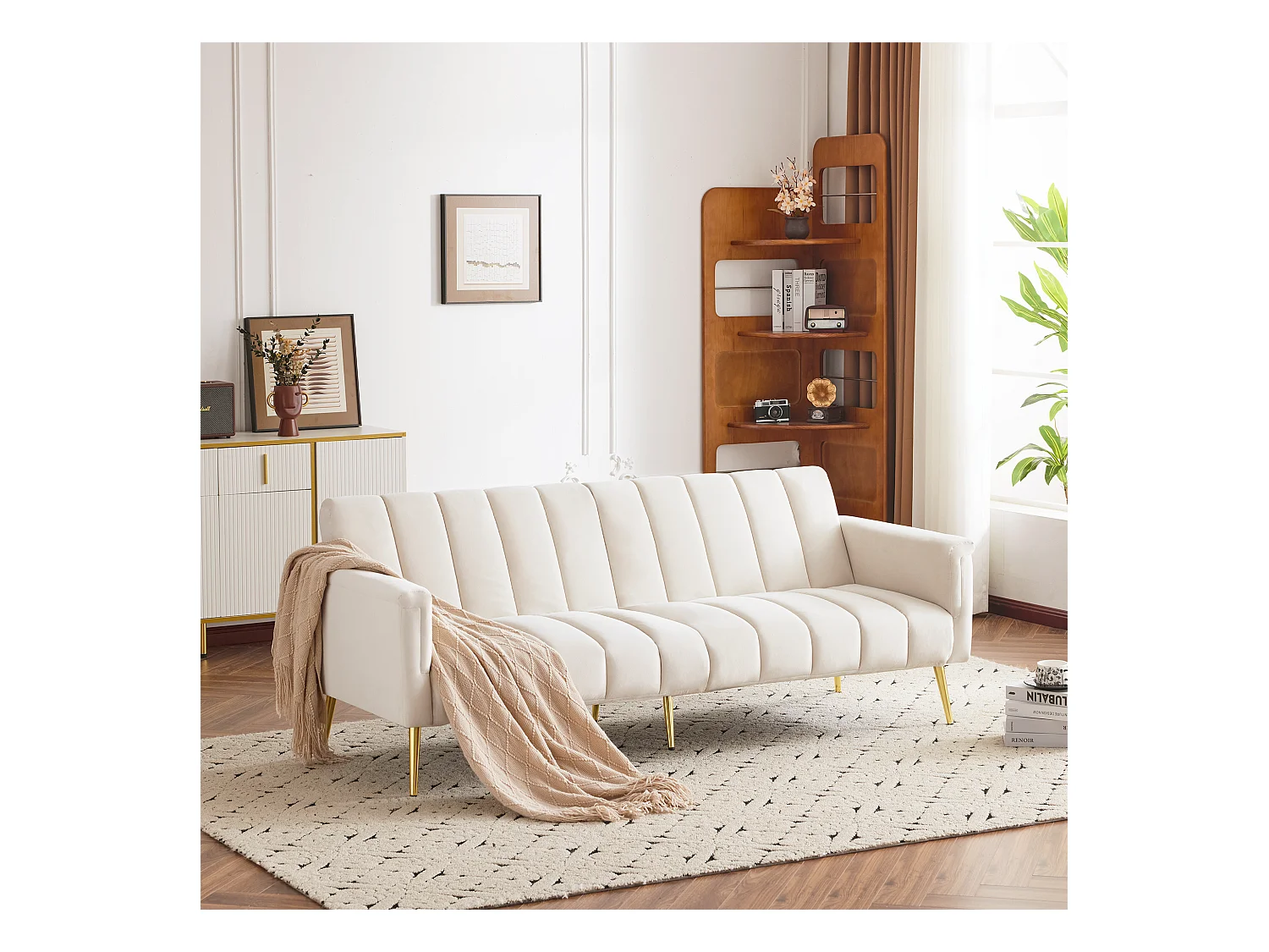 Divano letto in velluto con gambe regolabili e video. Salvaspazio per soggiorno, camera, stanza ospiti e home theater.