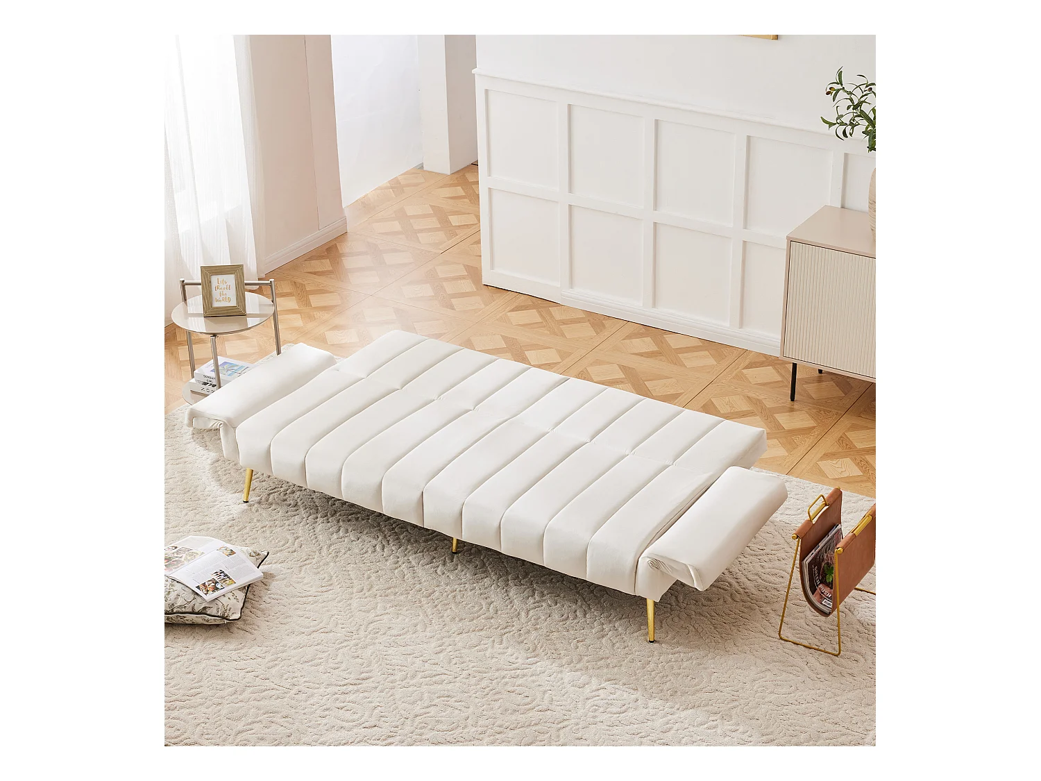 Divano letto in velluto con gambe regolabili e video. Salvaspazio per soggiorno, camera, stanza ospiti e home theater.