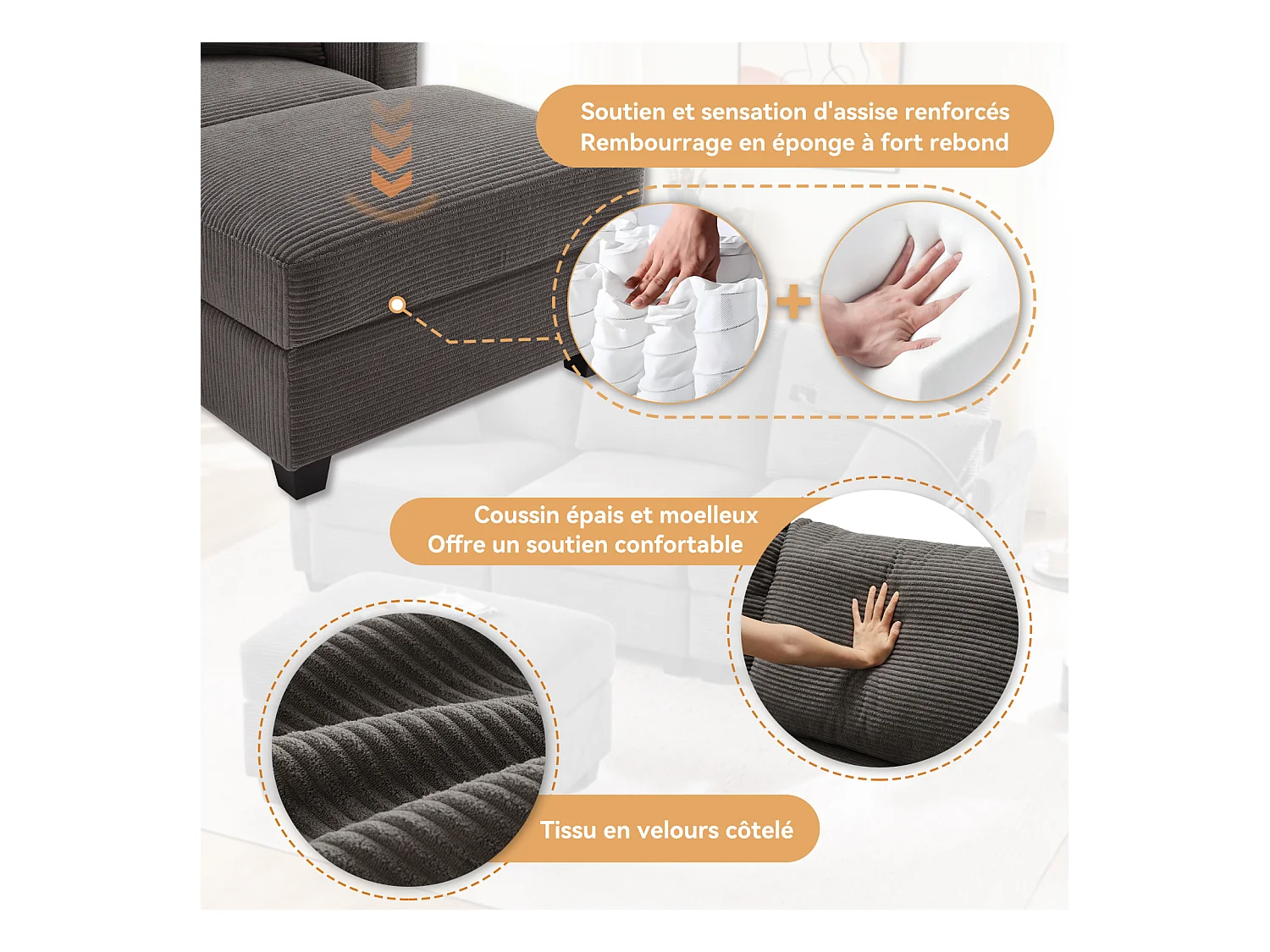 L-Form Ecksofa mit USB & Getränkehalter. 3-Sitzer mit Fußhocker, Ablage & 2 Kissen. Ideal für Wohnzimmer, Büro, Wohnung. Farbe: Dark Gray.