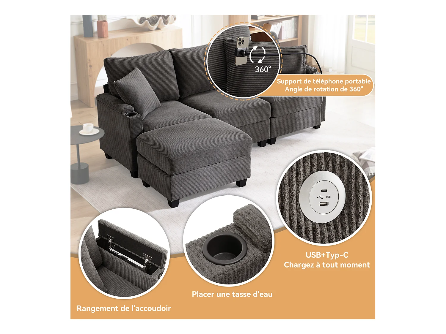 L-Form Ecksofa mit USB & Getränkehalter. 3-Sitzer mit Fußhocker, Ablage & 2 Kissen. Ideal für Wohnzimmer, Büro, Wohnung. Farbe: Dark Gray.