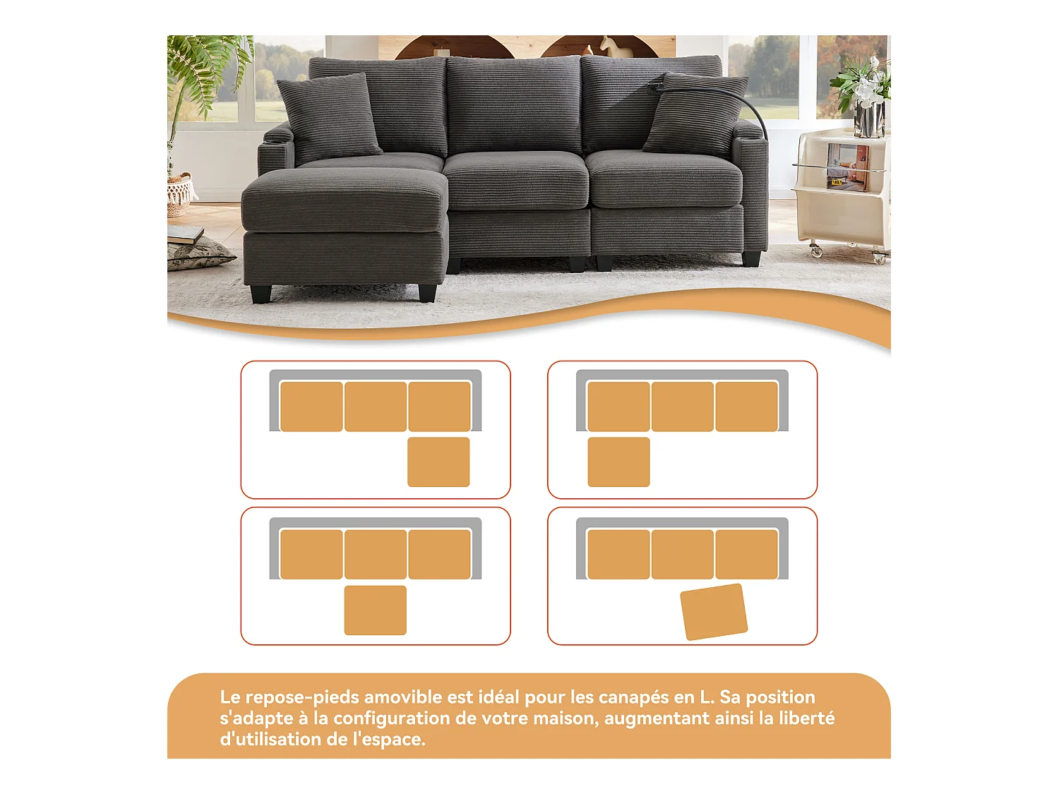 L-Form Ecksofa mit USB & Getränkehalter. 3-Sitzer mit Fußhocker, Ablage & 2 Kissen. Ideal für Wohnzimmer, Büro, Wohnung. Farbe: Dark Gray.