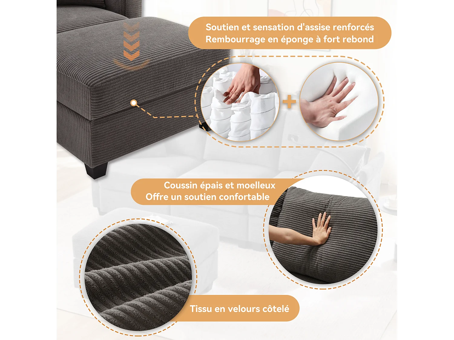 Sofá 3 lugares com USB, suporte para copos, apoio pés e arrumação. Inclui 2 almofadas. Ideal para sala, escritório ou apartamento. Cinza escuro.