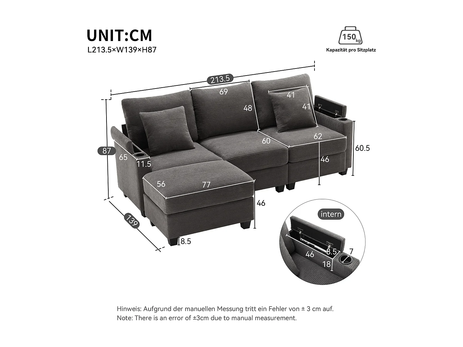 Canapé d'angle 3 places avec USB, porte-gobelet, repose-pieds et rangement. Inclut 2 coussins. Idéal salon, bureau ou appartement. Gris foncé.